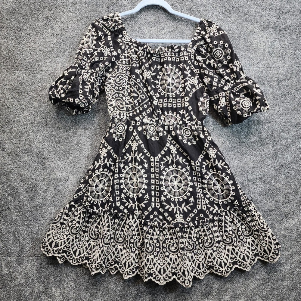 Hayden Los Angeles Women's Embroidered Eyelet Boho Smocked Puff Sleeve Dress S - Picture 8 of 8